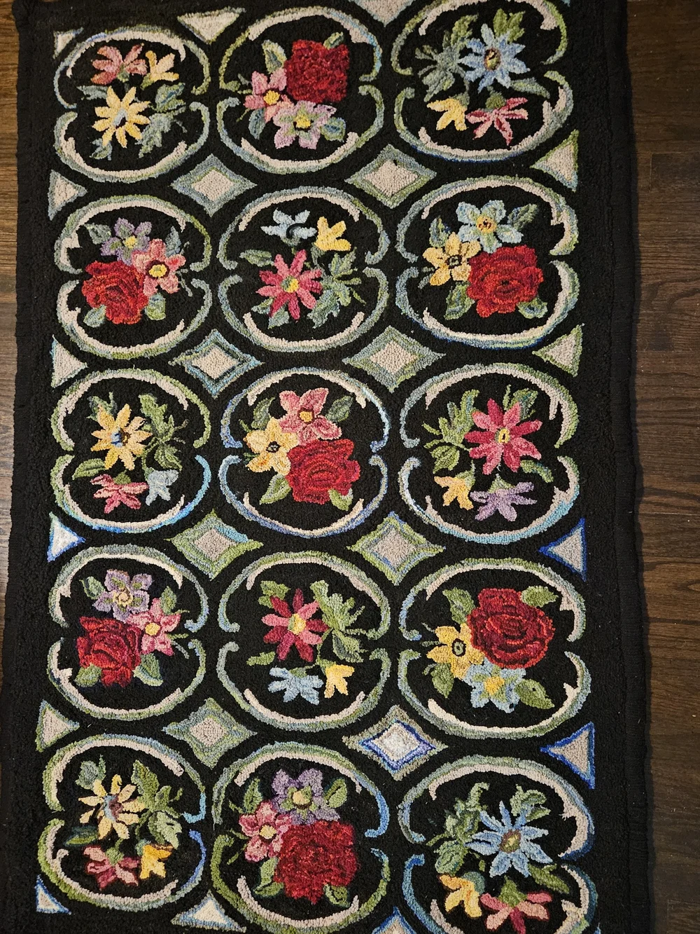 Hand-hooked Floral Rug in Black with Multicolor Flowers